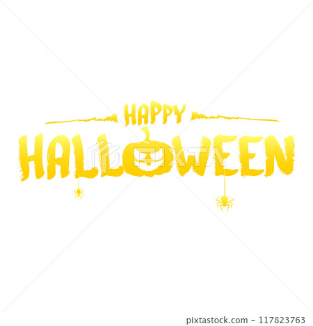Happy Halloween text Banner or label. Vector halloween calligraphic text label with scary pumpkin isolated on white background. Halloween banner design template 117823763