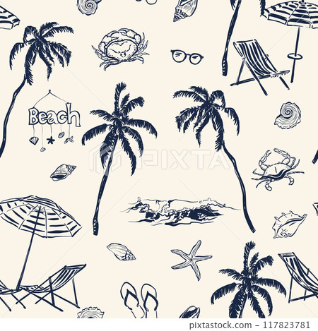 Vector beach accessories seamless pattern. Hand painted elements-palm, wave, shell, starfish, crab, umbrella and sunglasses isolated on beige background. For design, print, interior or background. Vector beach accessories seamless pattern. Hand painted elements-palm, wave, shell, starfish, crab, umbrella and sunglasses isolated on beige background. For design, print, interior or background. 117823781