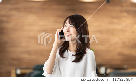 微笑的女商人在智能手機上交談 微笑的女商人在智能手機上交談 117823897