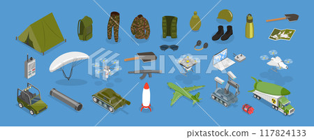 3D Isometric Flat Vector Illustration of Millitary Collection, Army Equipment 3D Isometric Flat Vector Illustration of Millitary Collection, Army Equipment 117824133