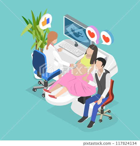 3D Isometric Flat Vector Illustration of Happy Pregnant Couple, Geting Ultrasound at Medical Facility 117824134