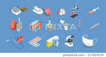 3D Isometric Flat Vector Set of Medicine Elements, Medication and Pharmaceutics 3D Isometric Flat Vector Set of Medicine Elements, Medication and Pharmaceutics 117824139