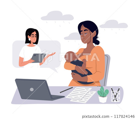 Postpartum depression. Young mother talking to psychologist on the screen. Specialist talking, counseling, helping patient online. Vector illustration in flat style Postpartum depression. Young mother talking to psychologist on the screen. Specialist talking, counseling, helping patient online. Vector illustration in flat style 117824146