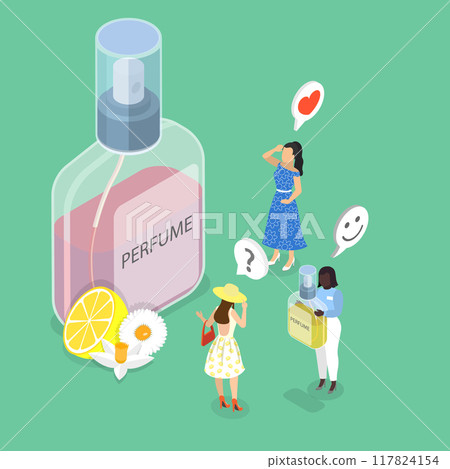 3D Isometric Flat Vector Illustration of Perfumery Shop, People Delighting of Floral Deodorant Scent 117824154