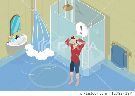 3D Isometric Flat Vector Illustration of Bathroom Flood, Accident and Disaster at Home 117824187