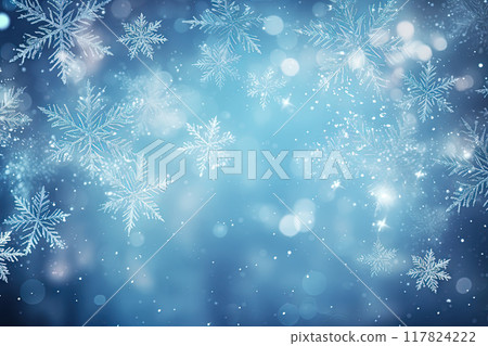 Christmas background with snowflakes and bokeh. Winter holidays celebration backdrop with snow on blurred background. Generated AI. Christmas background with snowflakes and bokeh. Winter holidays celebration backdrop with snow on blurred background. Generated AI. 117824222