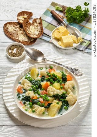 Kesakeitto, Finnish summer veggies soup in a bowl 117824298