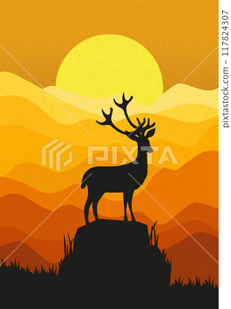 Silhouette of deer standing on the cliff in the dusk. Magical misty landscape, sunset gradient illustration 117824307
