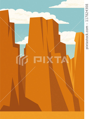 Aesthetic desert natural parkland landscape poster. Rocky Desert morning vector illustration. Aesthetic desert natural parkland landscape poster. Rocky Desert morning vector illustration. 117824308