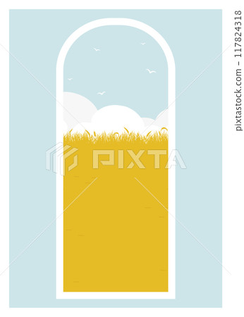 Country rural landscape view with wheat field. Skyline with clouds cartoon style illustration. 117824318