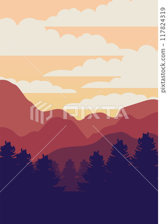 Silhouette of forest in mountains poster. Kobuk Valley national park vector illustration. Magical misty landscape 117824319