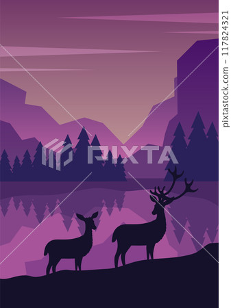 Silhouette of deer standing on the hill in night valley. Magical misty pink and blue gradient illustration. 117824321