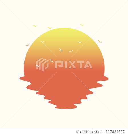 Sunrise and flying birds aesthetic square illustration poster. Abstract aesthetic sea sunset landscape logo Sunrise and flying birds aesthetic square illustration poster. Abstract aesthetic sea sunset landscape logo 117824322