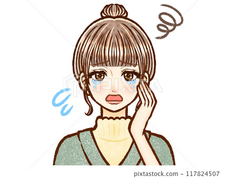 梳著髮髻的成年女性悲傷哭泣的插畫素材2 117824507