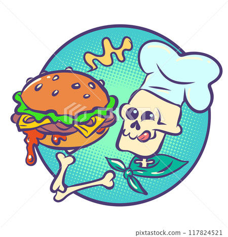 Skeleton cook holding a cheeseburger. Mexican holiday Day of the Dead and restaurant mascot. Halloween themed dishes. 117824521