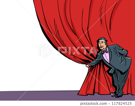 A man in a suit opens the red curtain. Invitation card to the performance. Help in revealing the hidden. 117824525