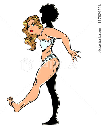 A woman is trying to fit into the silhouette of an ideal figure. The problem of high expectations in society. Work on your health and body. 117824528