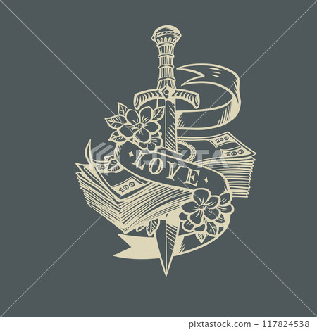 The sword pierces money with the inscription love. The problem of finances for the sake of good relationships. The primacy of love and feeling over money. 117824538