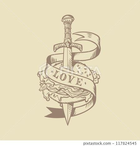 A sword pierces a burger with the inscription love. Fast fast food delivery for all customers. Fighting obesity and high-calorie foods. 117824545