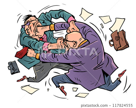 Male office employees in suits fight with each other. Business competition between companies. Problems with communication within the team. Male office employees in suits fight with each other. Business competition between companies. Problems with communication within the team. 117824555