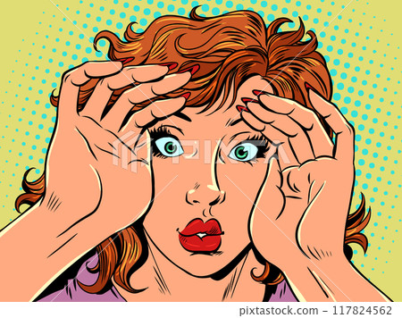 The woman looks carefully, covering her eyes with her hands. Look at the best deals on the market The woman looks carefully, covering her eyes with her hands. Look at the best deals on the market 117824562