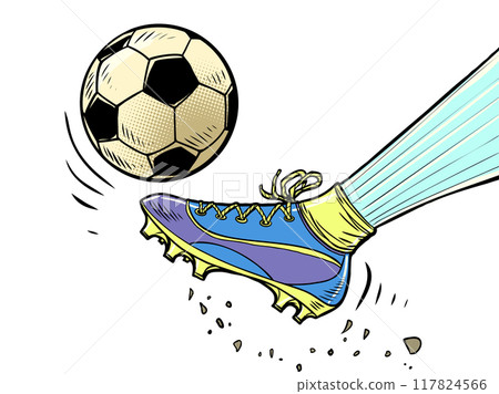 A football player kicks a soccer ball. Sports football training. World championships in sports disciplines. 117824566