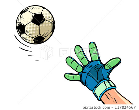 The goalkeeper's hand tries to catch the soccer ball. Football sporting events. Catch the ball and succeed. 117824567