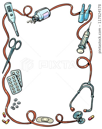 Tools and methods of treatment in medicine. Frame of illustrations related to patient treatment. Special offer for advertising pharmacies and medical services. Tools and methods of treatment in medicine. Frame of illustrations related to patient treatment. Special offer for advertising pharmacies and medical services. 117824578