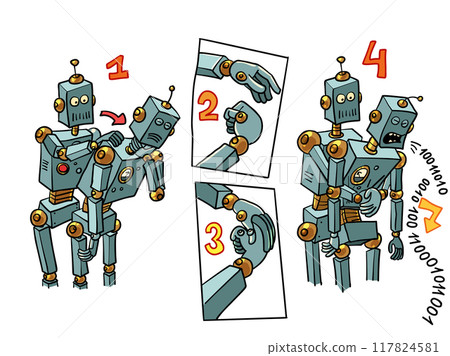 Heimlich maneuver, saving someone choking on food. Futuristic instructions for the future. Robots helping each other and repairing colleagues. The problem is in formulas and numbers. 117824581