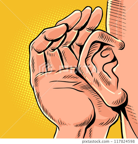 Human hand next to ear. Eavesdrop on other people's information and steal it. Rumors about new offers on the market. Human hand next to ear. Eavesdrop on other people's information and steal it. Rumors about new offers on the market. 117824598