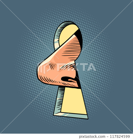 Human nose through a key lock. To sniff out what is closed to others. Search for confidential user information. 117824599