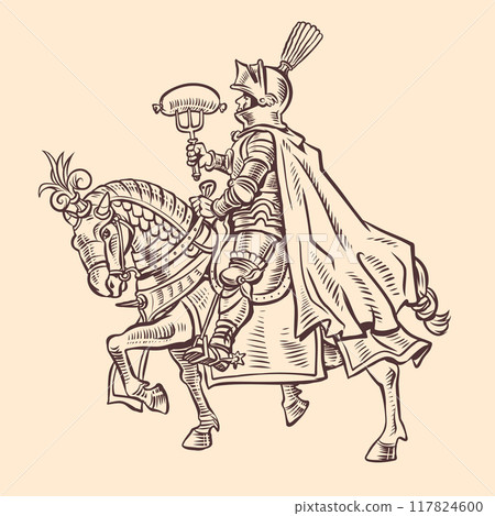 A knight in armor on an armored horse holds a sausage on a fork. Meat menu in a tavern, pub or bar. Medieval snacks at festivals. 117824600