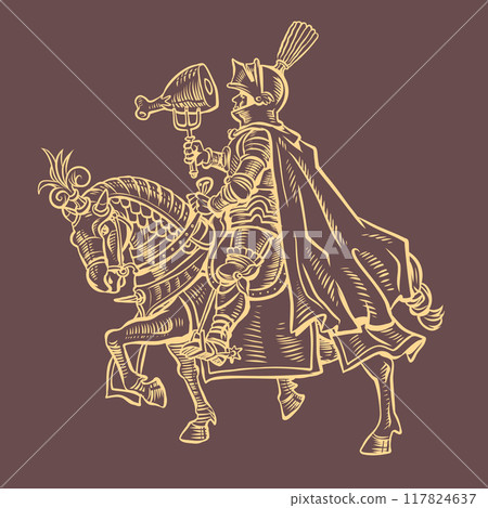 A knight in armor on an armored horse holds meat on a fork. Meat menu in a tavern, pub or bar. A medieval snack in the modern world. A knight in armor on an armored horse holds meat on a fork. Meat menu in a tavern, pub or bar. A medieval snack in the modern world. 117824637