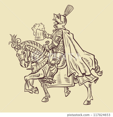 A knight in armor on an armored horse holds a mug of foamy beer. Alcohol menu in a tavern, pub or restaurant. A medieval drink in the modern world. A knight in armor on an armored horse holds a mug of foamy beer. Alcohol menu in a tavern, pub or restaurant. A medieval drink in the modern world. 117824653