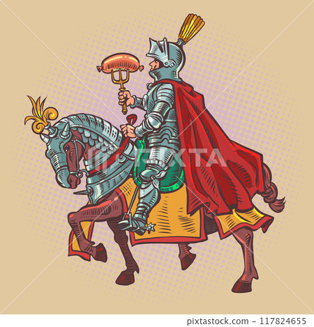 A knight in armor on an armored horse holds a sausage on a fork. Meat menu in a tavern, pub or bar. Medieval snacks at festivals. A knight in armor on an armored horse holds a sausage on a fork. Meat menu in a tavern, pub or bar. Medieval snacks at festivals. 117824655