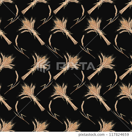 Bundles of wheat ears in a seamless pattern on a black background. Watercolor illustration for the design of cereal products, bakeries, breweries, alcoholic beverages. Wheat harvest Bundles of wheat ears in a seamless pattern on a black background. Watercolor illustration for the design of cereal products, bakeries, breweries, alcoholic beverages. Wheat harvest 117824659