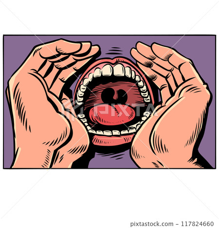 The human mouth close up screams very loudly. Pain through screaming. Difficult communication between people. The human mouth close up screams very loudly. Pain through screaming. Difficult communication between people. 117824660