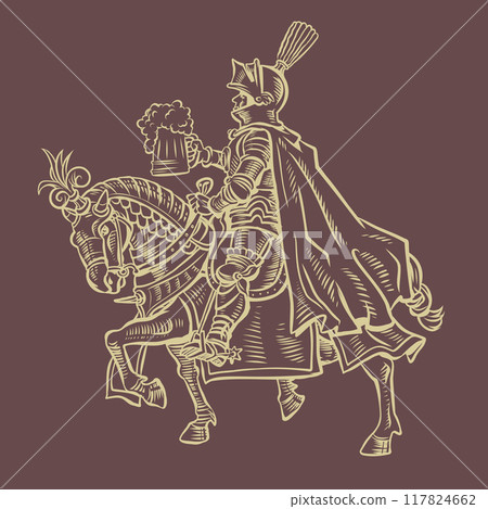 A knight in armor on an armored horse holds a mug of foamy beer. Alcohol menu in a tavern, pub or restaurant. A medieval drink in the modern world. A knight in armor on an armored horse holds a mug of foamy beer. Alcohol menu in a tavern, pub or restaurant. A medieval drink in the modern world. 117824662