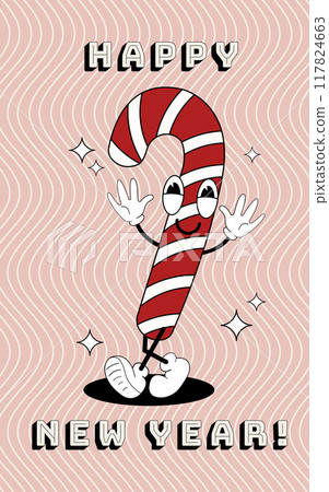Candy cane groovy card. Vector illustration in trendy retro style. Abstract background. Happy holidays 2024 117824663