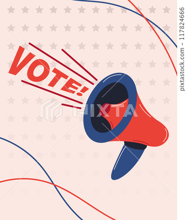 Election 2024 poster. Vote poster in flat style. Element of elections. Democracy vote concept. Loudspeaker, megaphone, bullhorn icon. Flat vector illustration Election 2024 poster. Vote poster in flat style. Element of elections. Democracy vote concept. Loudspeaker, megaphone, bullhorn icon. Flat vector illustration 117824666