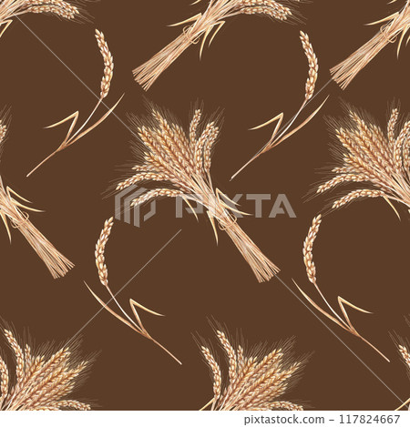 Bundles of wheat ears in a seamless pattern on a brown background. Watercolor illustration for the design of cereal products, bakeries, breweries, alcoholic beverages. Wheat harvest Bundles of wheat ears in a seamless pattern on a brown background. Watercolor illustration for the design of cereal products, bakeries, breweries, alcoholic beverages. Wheat harvest 117824667