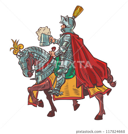 A knight in armor on an armored horse holds a mug of foamy beer. Alcohol menu in a tavern, pub or restaurant. A medieval drink in the modern world. A knight in armor on an armored horse holds a mug of foamy beer. Alcohol menu in a tavern, pub or restaurant. A medieval drink in the modern world. 117824668