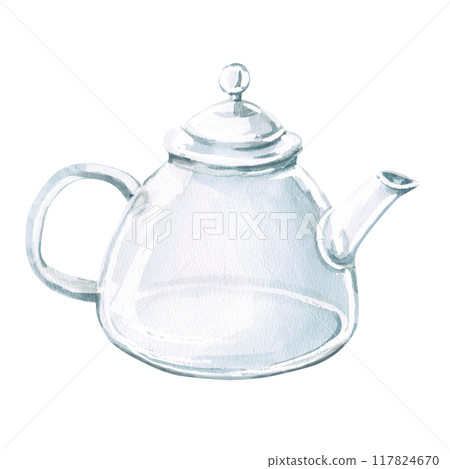 Glass teapot in watercolor illustration. Illustration on the theme of tea for packaging, postcards, cafes, herbal teas. Illustration isolated from the background 117824670