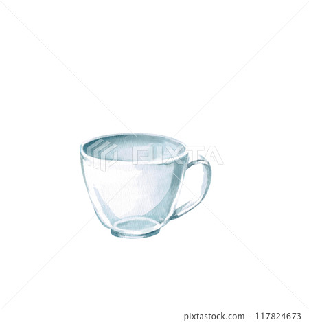 Glass cup in watercolor illustration. Illustration on the theme of tea for postcards, cookbooks, coffee shops. Illustration isolated from the background 117824673