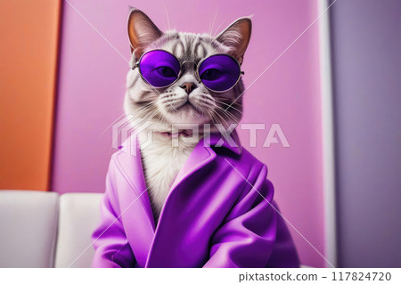 Portrait of cat dressed in sunglasses and purple coat, ideal for creative or humorous content. 117824720