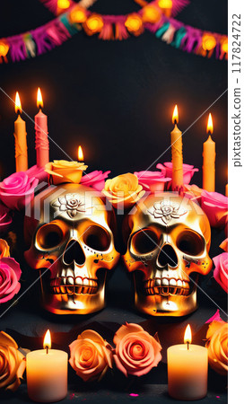 Dia de Muertos with banner golden skulls, candles, roses on a dark stone background. Dia de Muertos with banner golden skulls, candles, roses on a dark stone background. 117824722