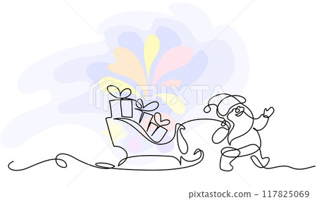 Little Santa carrying sleigh with gifts boxes. Continuous one line drawing. 117825069