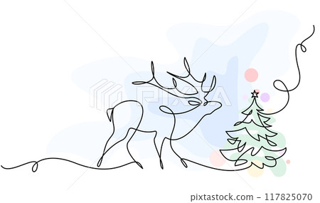 Deer. Christmas or New Year decoration. Continuous one line drawing. 117825070