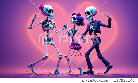 Dia de los Muertos party: adorable cute skeletons happily dancing in love, a poster for the day of the dead in modern abstract style. Dia de los Muertos party: adorable cute skeletons happily dancing in love, a poster for the day of the dead in modern abstract style. 117825143
