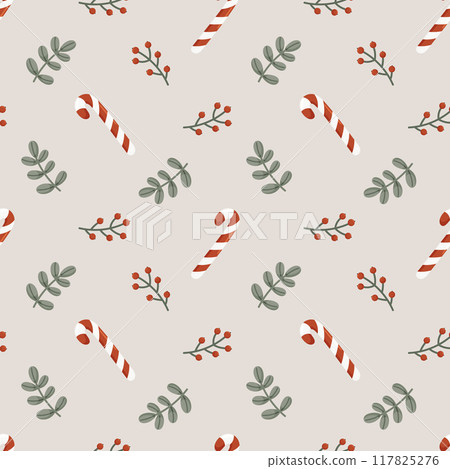 Seamless Christmas pattern with candy cane and winter plants 117825276